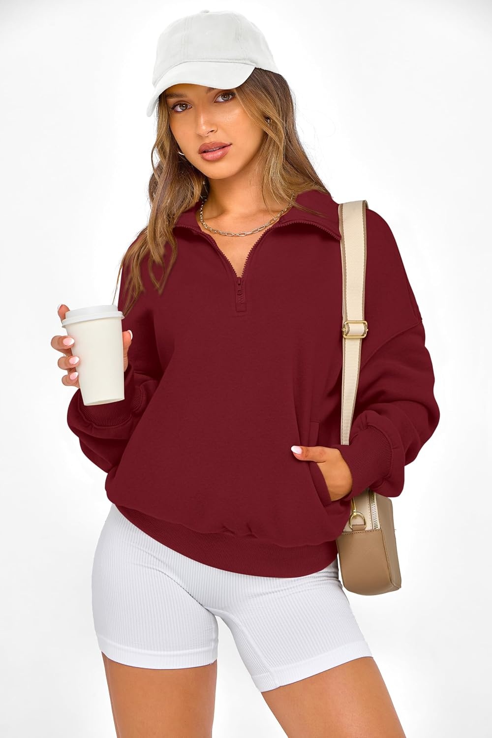 image:imagePRETTYGARDEN Womens Half Zip Oversized Sweatshirts Fleece Hoodies TrendyWine Red