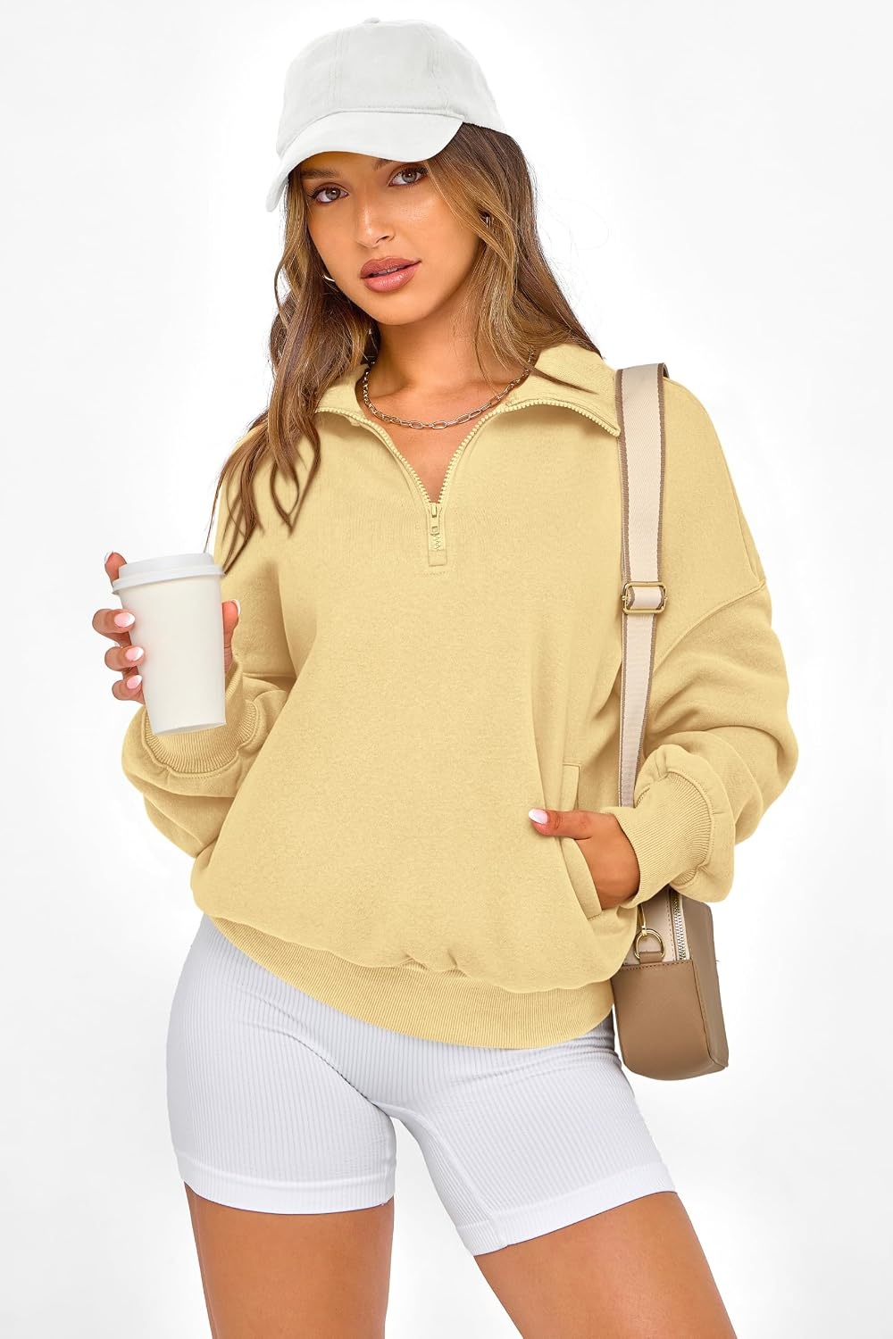 image:imagePRETTYGARDEN Womens Half Zip Oversized Sweatshirts Fleece Hoodies TrendyYellow