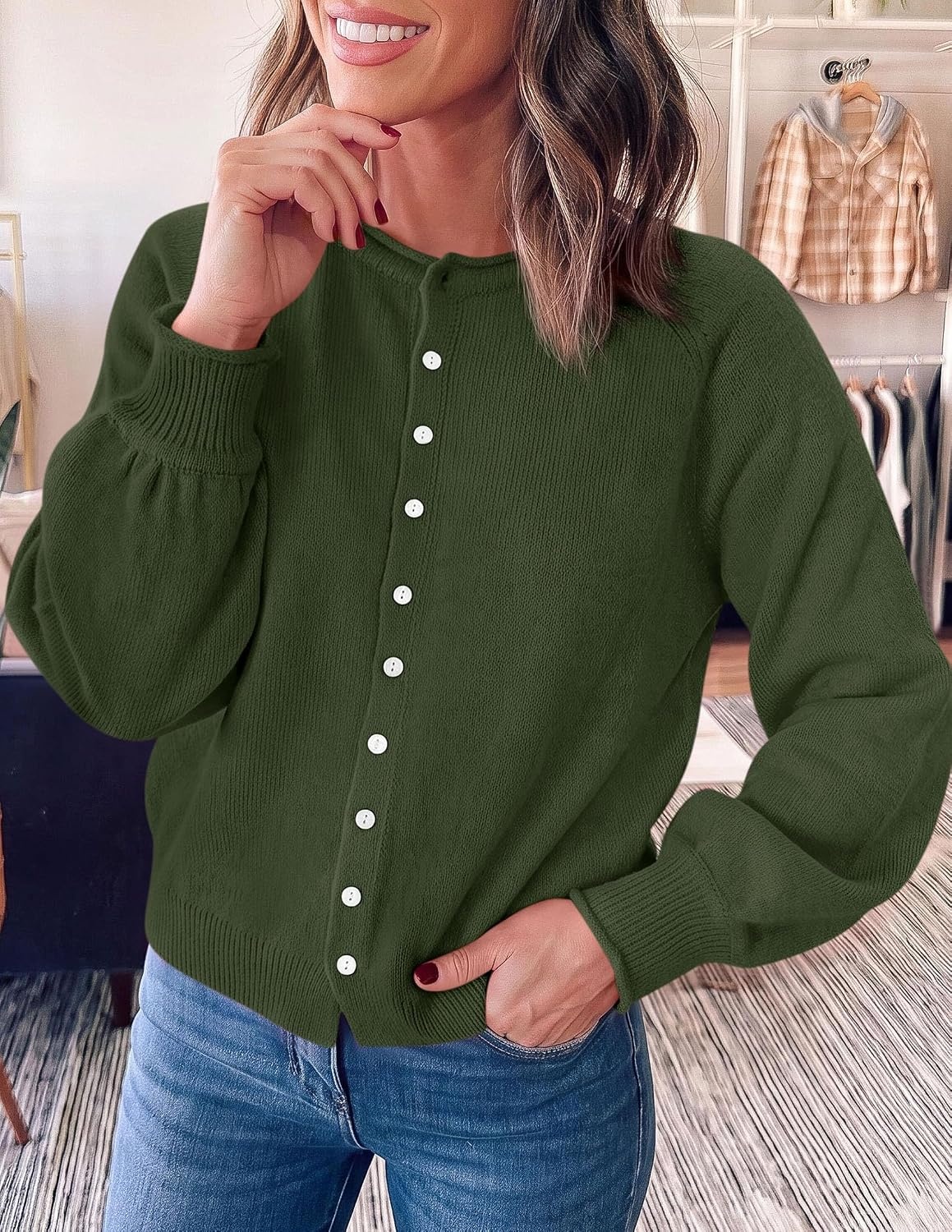 image:imagePRETTYGARDEN Womens Knit Cardigan Lightweight Cozy SweatersArmy Green