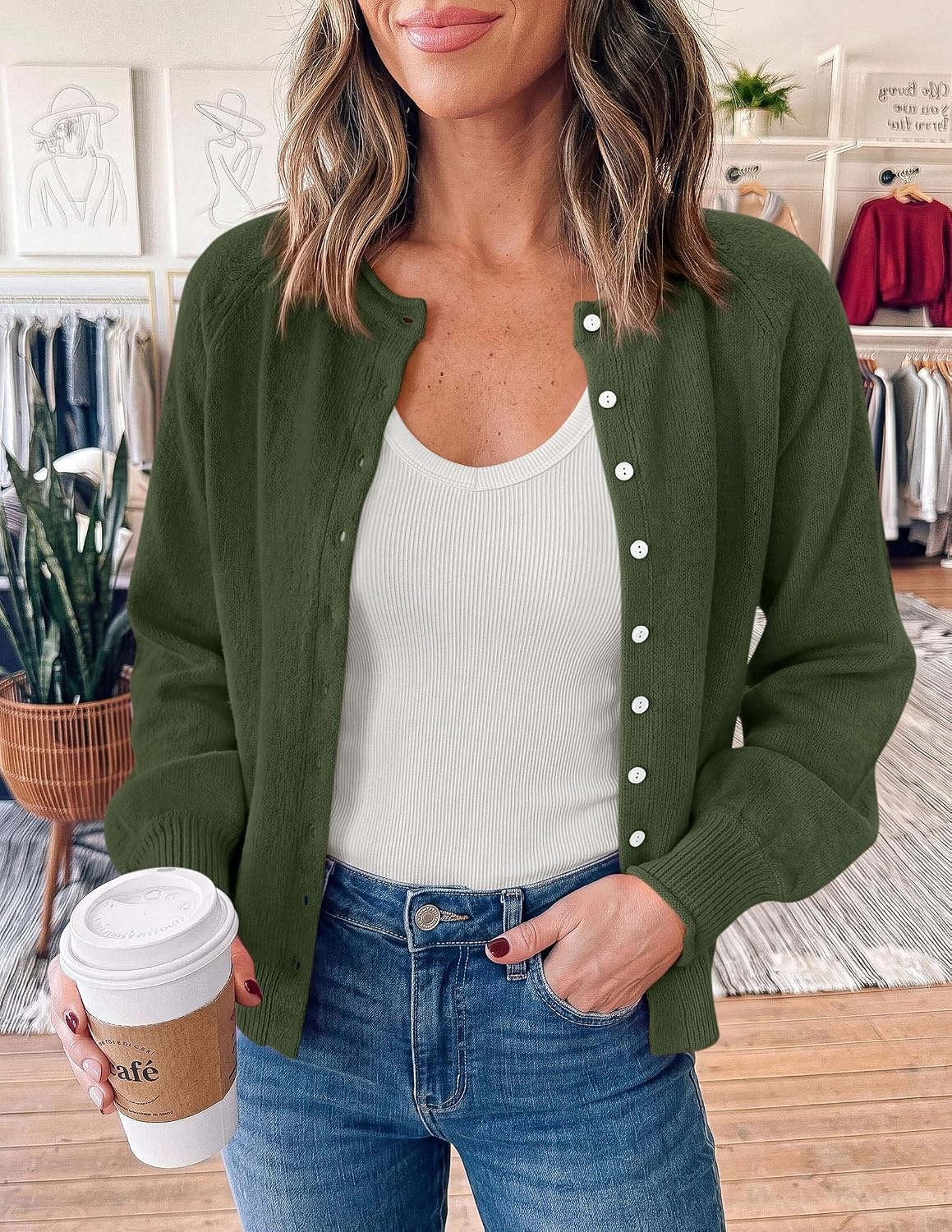 image:imagePRETTYGARDEN Womens Knit Cardigan Lightweight Cozy SweatersArmy Green