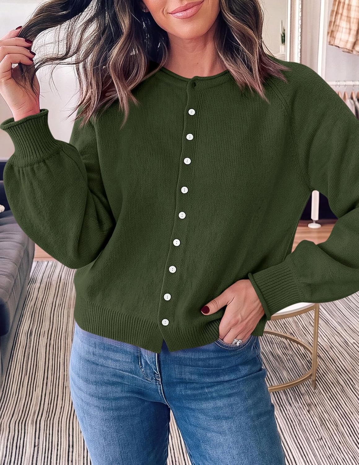 image:imagePRETTYGARDEN Womens Knit Cardigan Lightweight Cozy SweatersArmy Green