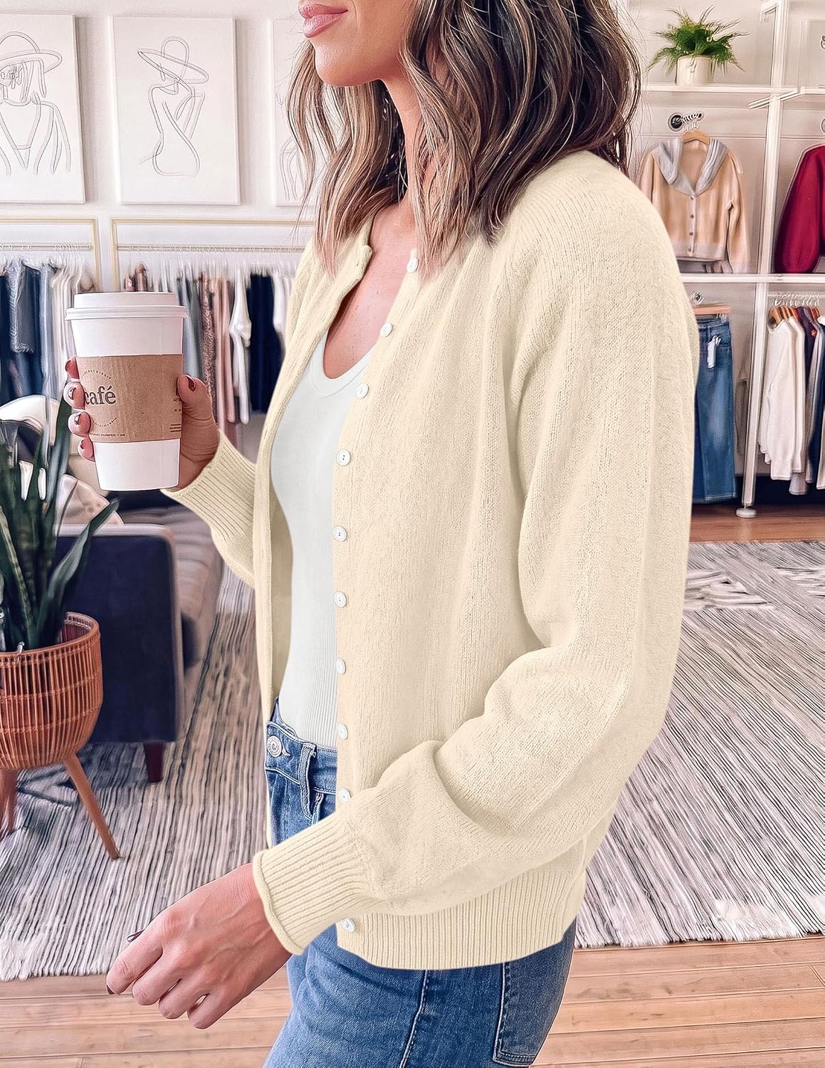 image:imagePRETTYGARDEN Womens Knit Cardigan Lightweight Cozy SweatersBeige