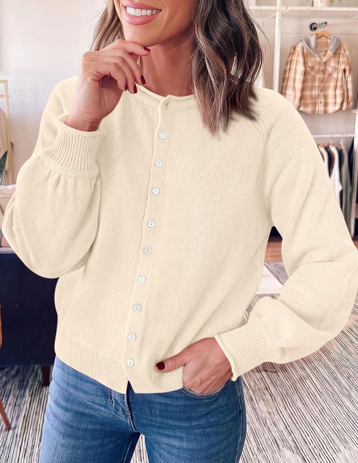 image:imagePRETTYGARDEN Womens Knit Cardigan Lightweight Cozy SweatersBeige