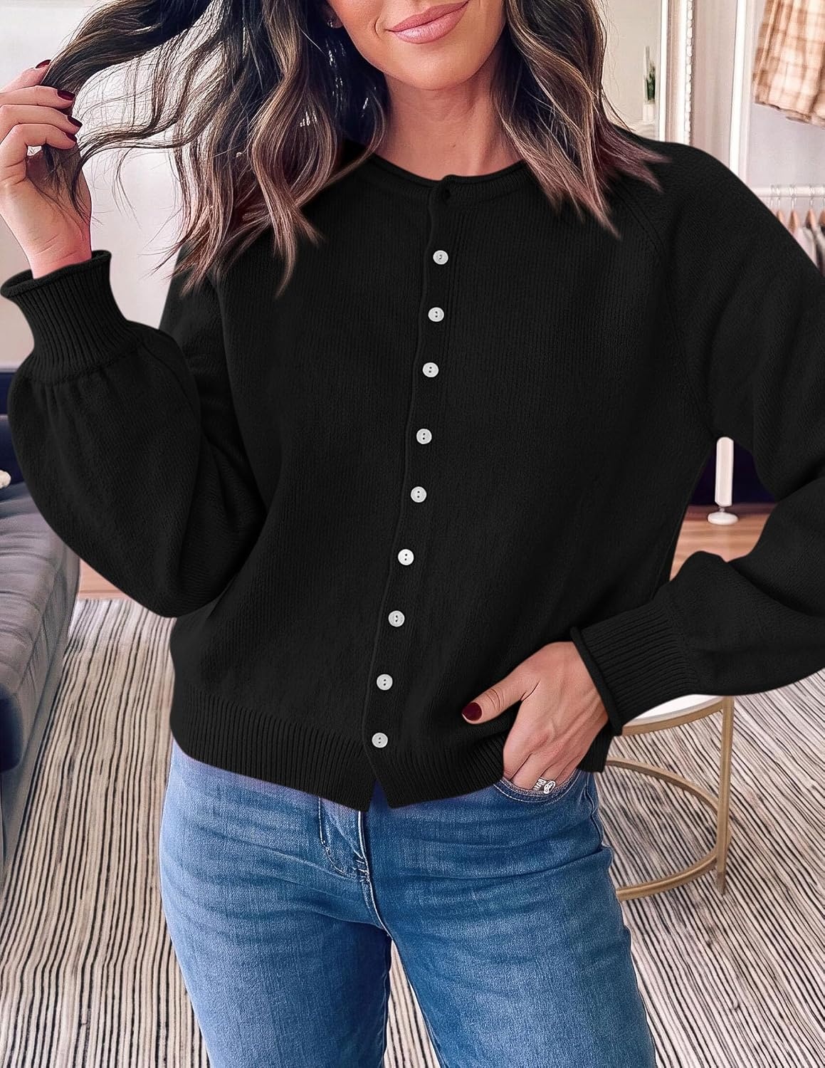 image:imagePRETTYGARDEN Womens Knit Cardigan Lightweight Cozy SweatersBlack