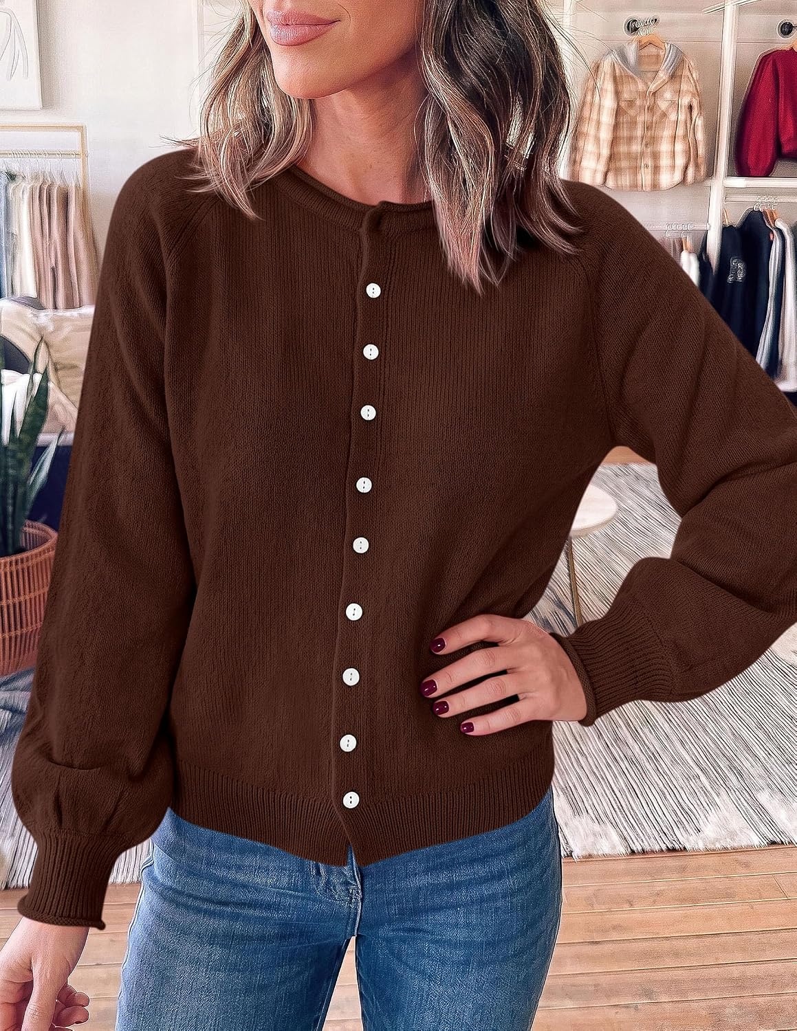 image:imagePRETTYGARDEN Womens Knit Cardigan Lightweight Cozy SweatersBrown