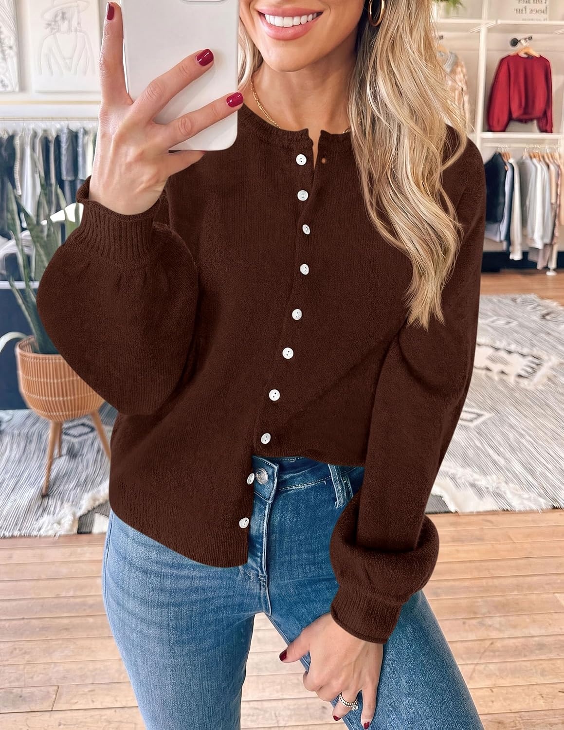 image:imagePRETTYGARDEN Womens Knit Cardigan Lightweight Cozy SweatersBrown