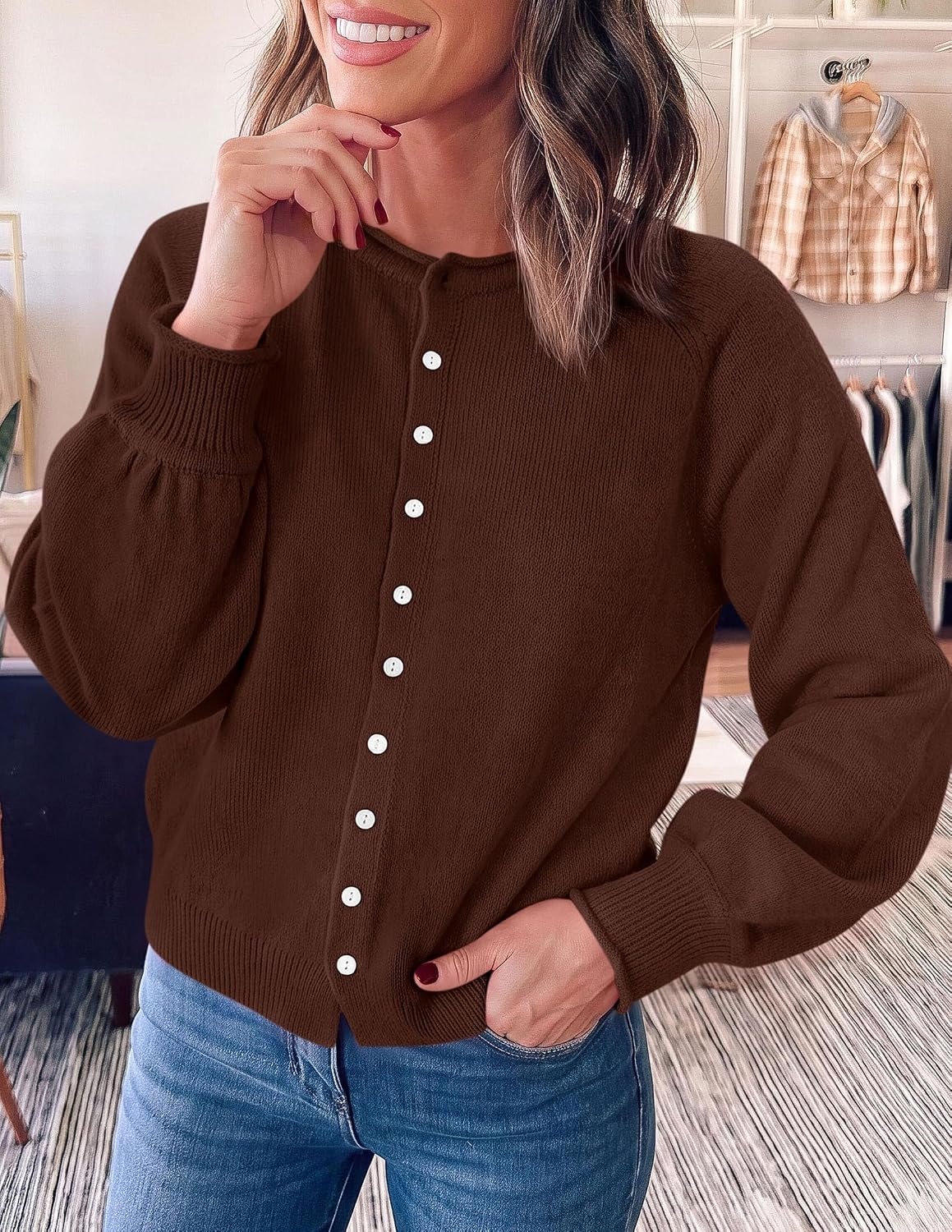 image:imagePRETTYGARDEN Womens Knit Cardigan Lightweight Cozy SweatersBrown