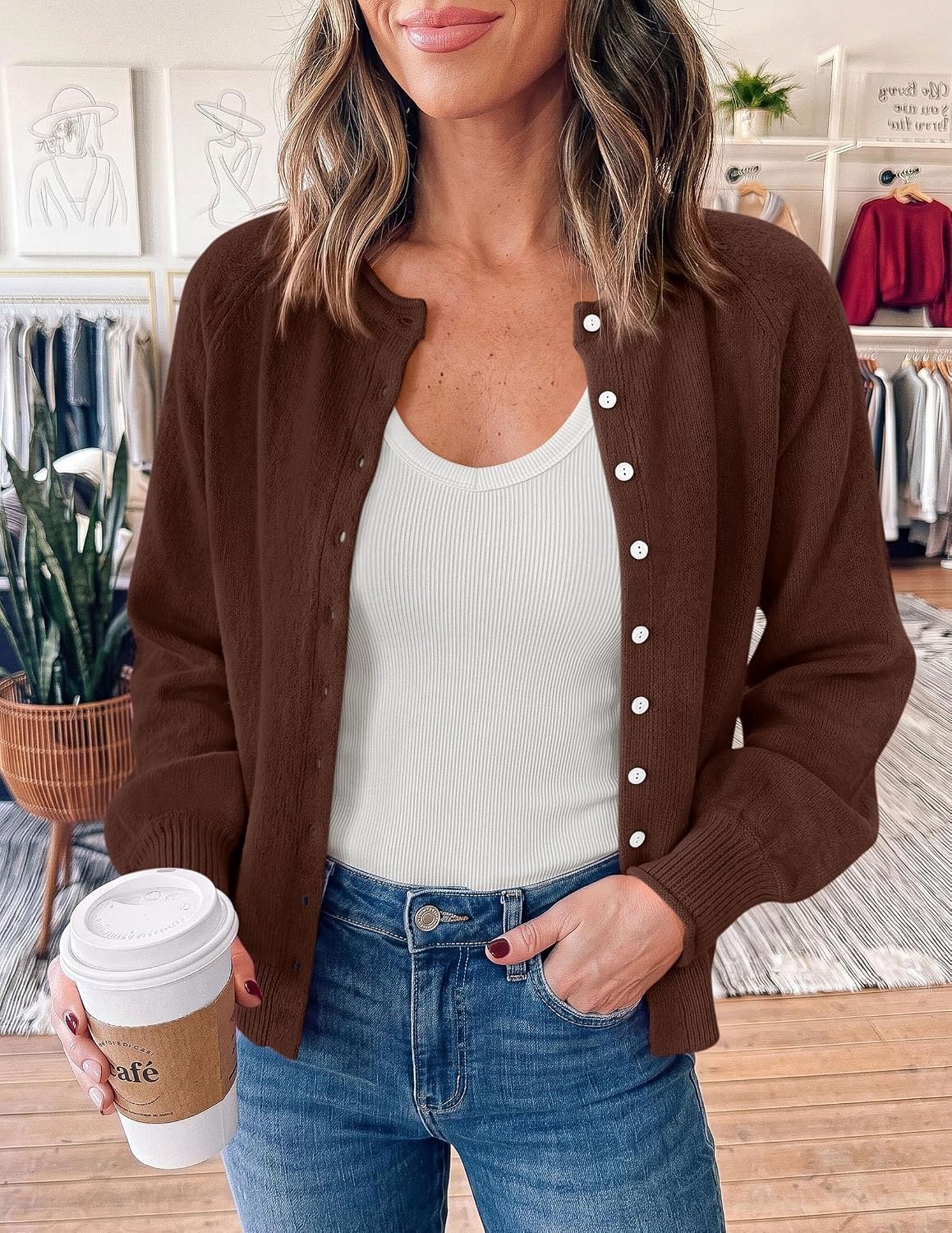 image:imagePRETTYGARDEN Womens Knit Cardigan Lightweight Cozy SweatersBrown