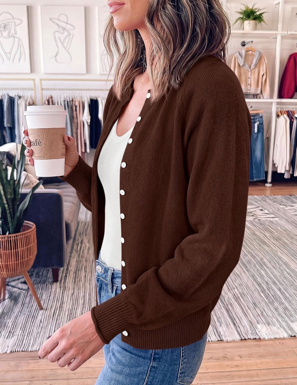 image:imagePRETTYGARDEN Womens Knit Cardigan Lightweight Cozy SweatersBrown