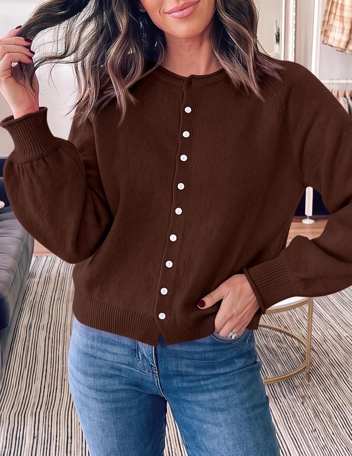 image:imagePRETTYGARDEN Womens Knit Cardigan Lightweight Cozy SweatersBrown