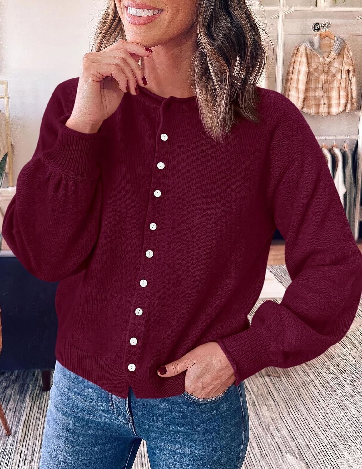 image:imagePRETTYGARDEN Womens Knit Cardigan Lightweight Cozy SweatersBurgundy