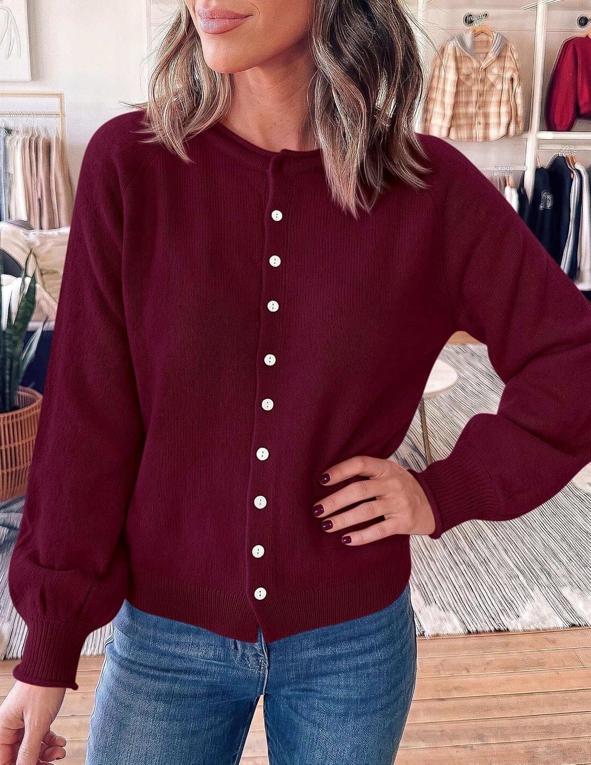 image:imagePRETTYGARDEN Womens Knit Cardigan Lightweight Cozy SweatersBurgundy