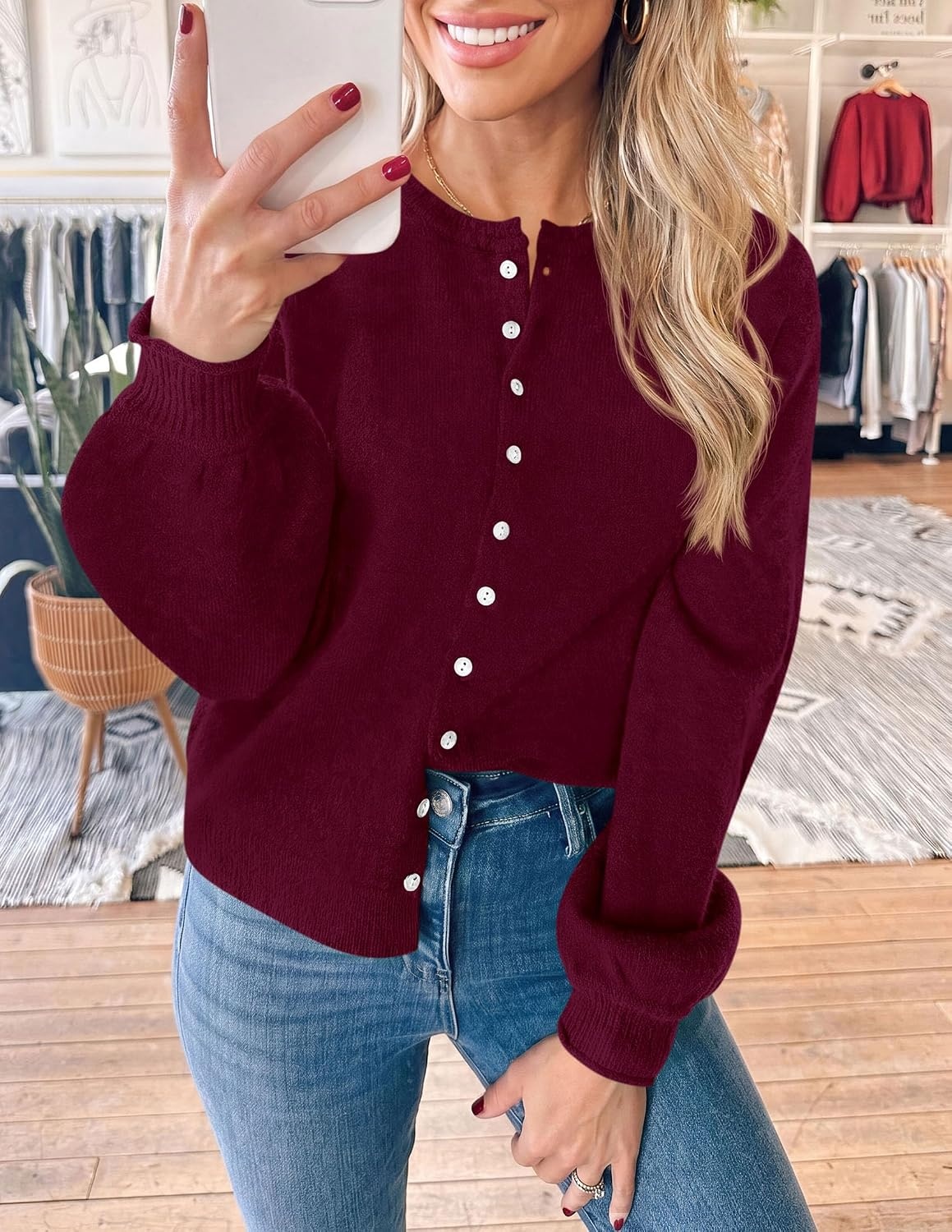 image:imagePRETTYGARDEN Womens Knit Cardigan Lightweight Cozy SweatersBurgundy