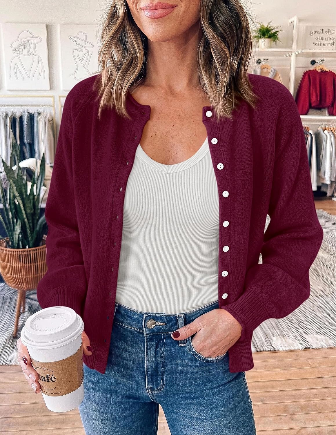 image:imagePRETTYGARDEN Womens Knit Cardigan Lightweight Cozy SweatersBurgundy