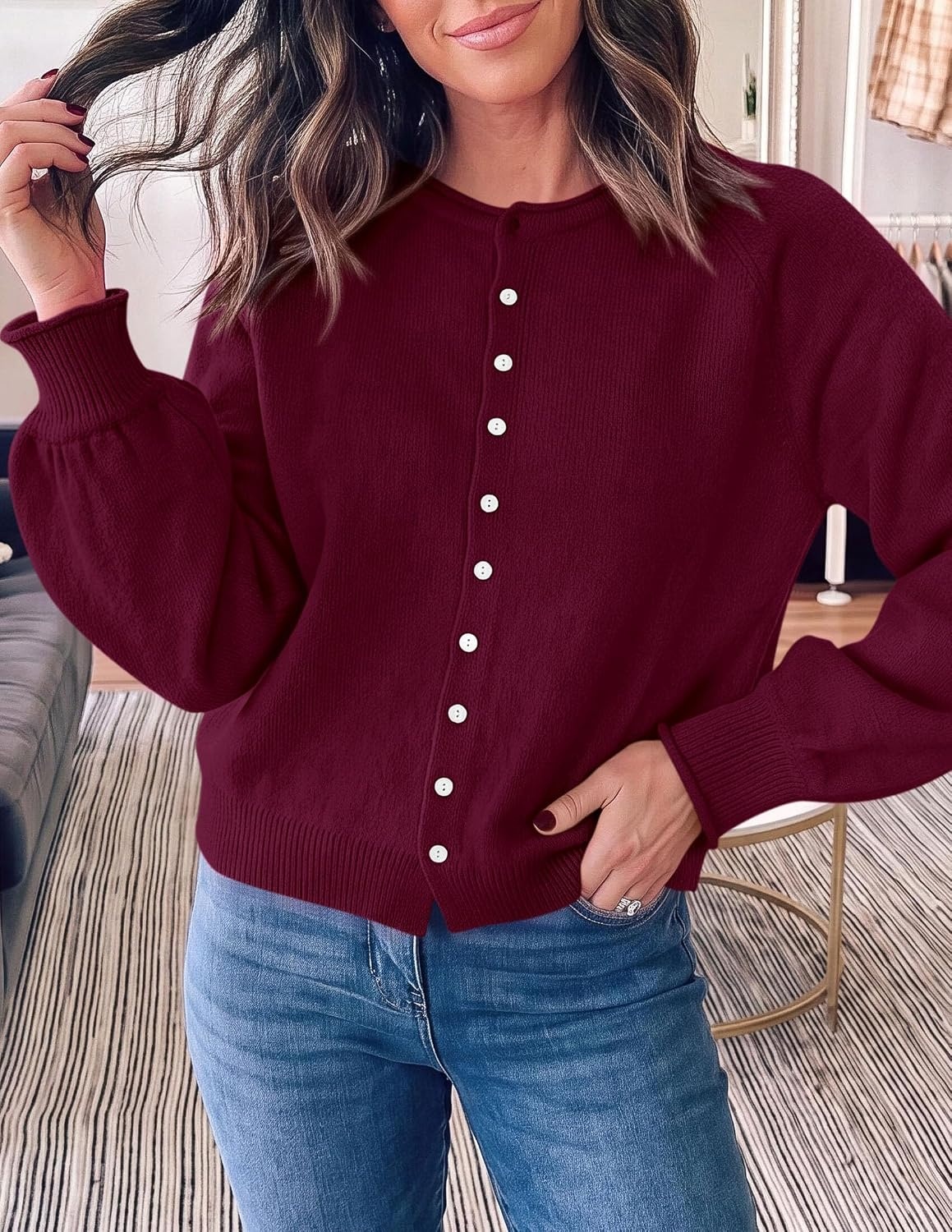 image:imagePRETTYGARDEN Womens Knit Cardigan Lightweight Cozy SweatersBurgundy