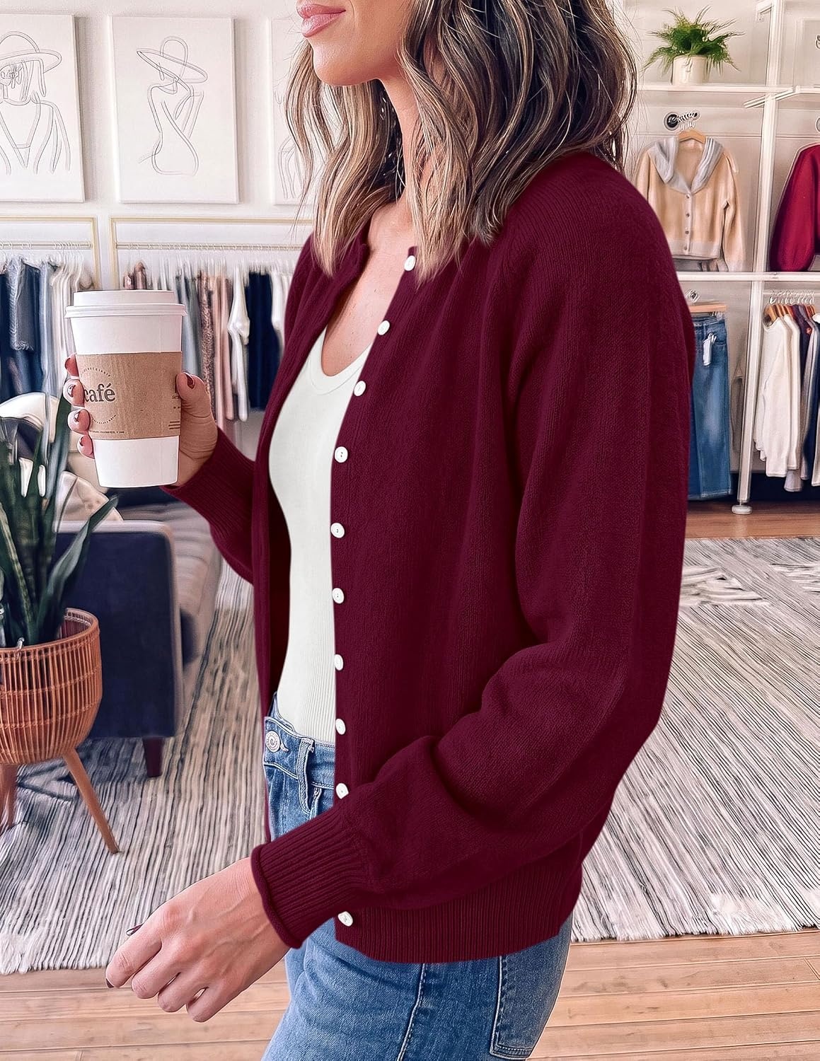 image:imagePRETTYGARDEN Womens Knit Cardigan Lightweight Cozy SweatersBurgundy