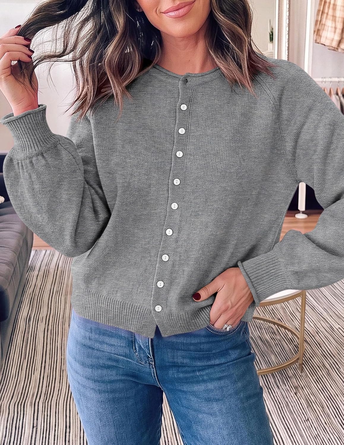 image:imagePRETTYGARDEN Womens Knit Cardigan Lightweight Cozy SweatersGrey
