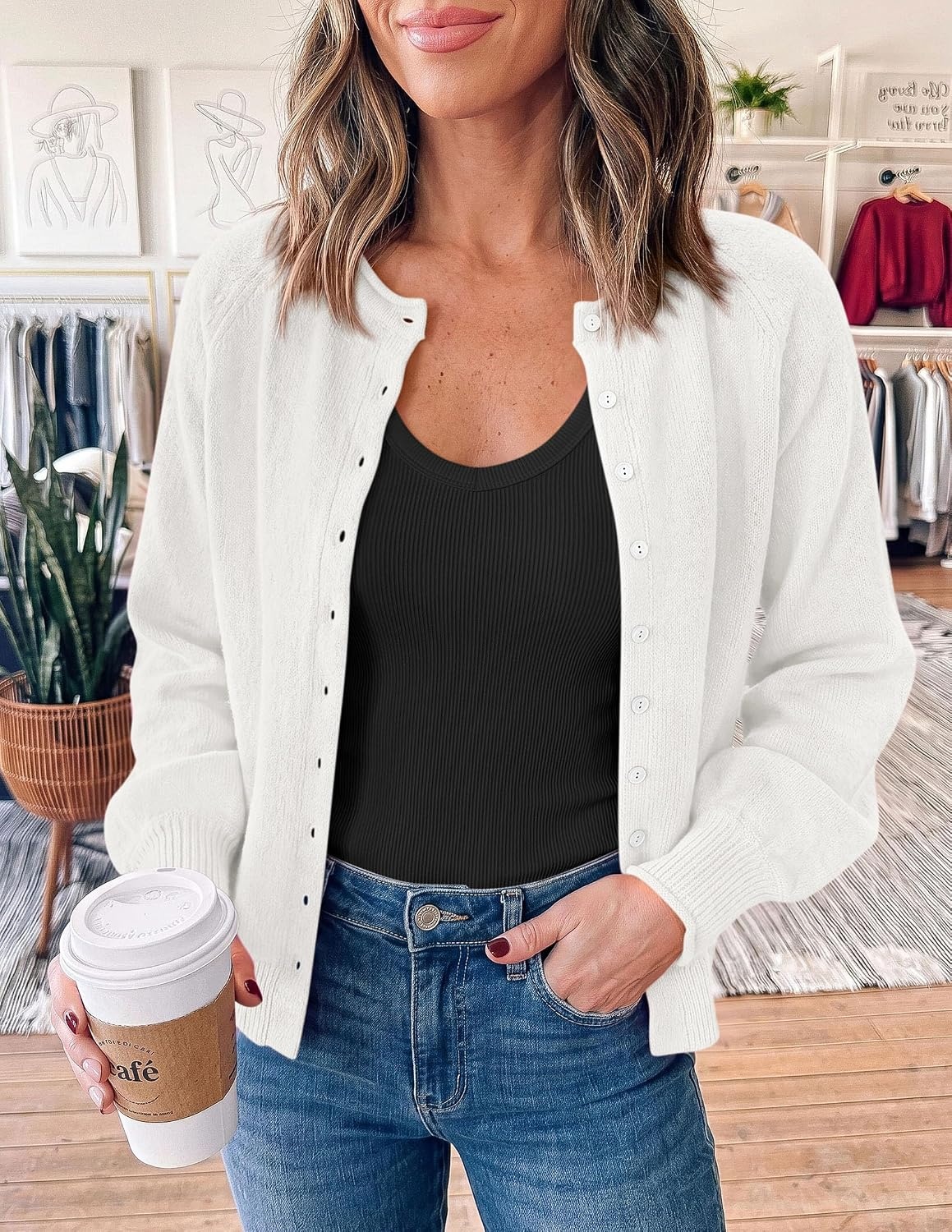 image:imagePRETTYGARDEN Womens Knit Cardigan Lightweight Cozy SweatersWhite