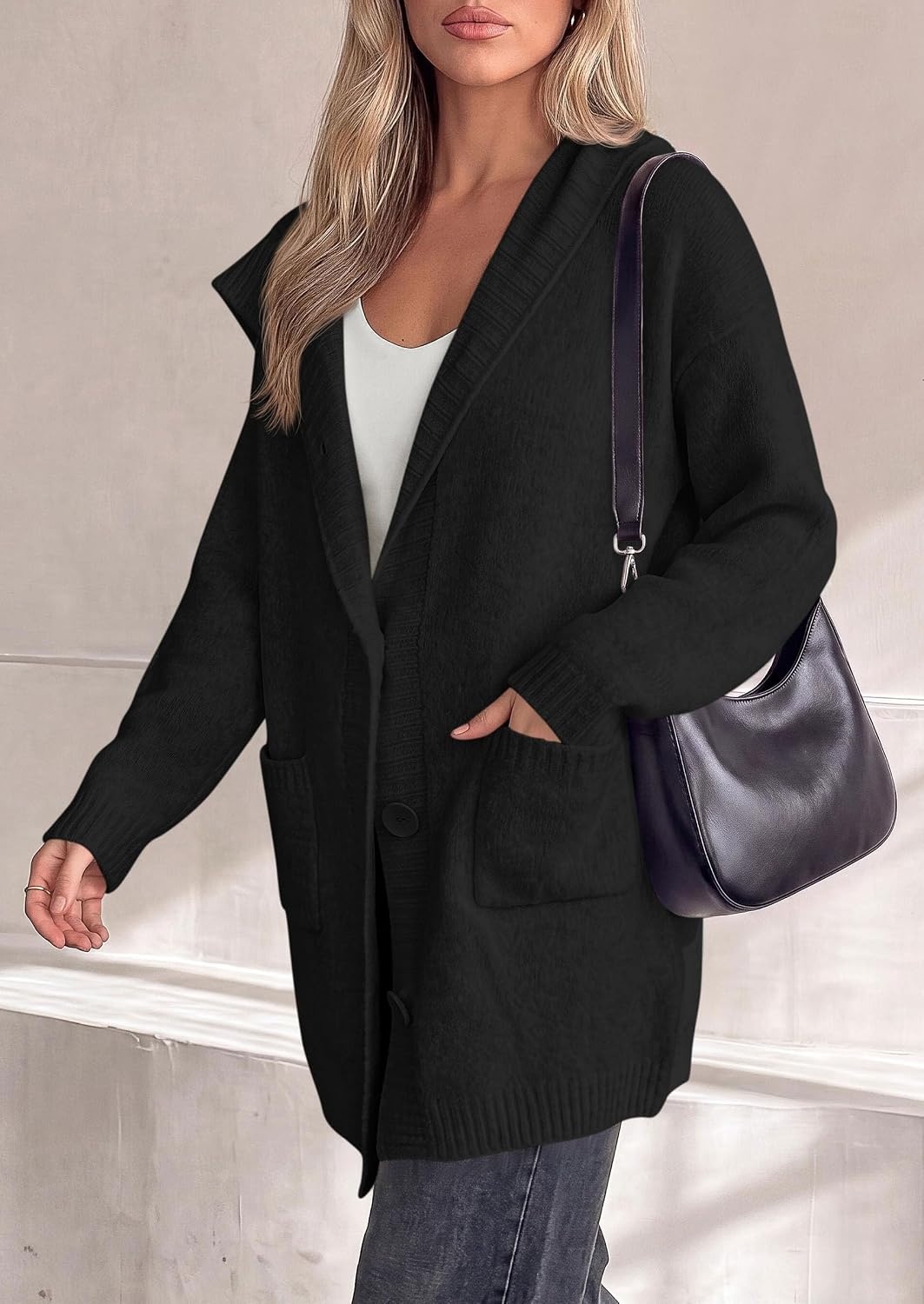 image:imagePRETTYGARDEN Womens Long Cardigans Fall Hooded Chunky Oversized SweatersBlack