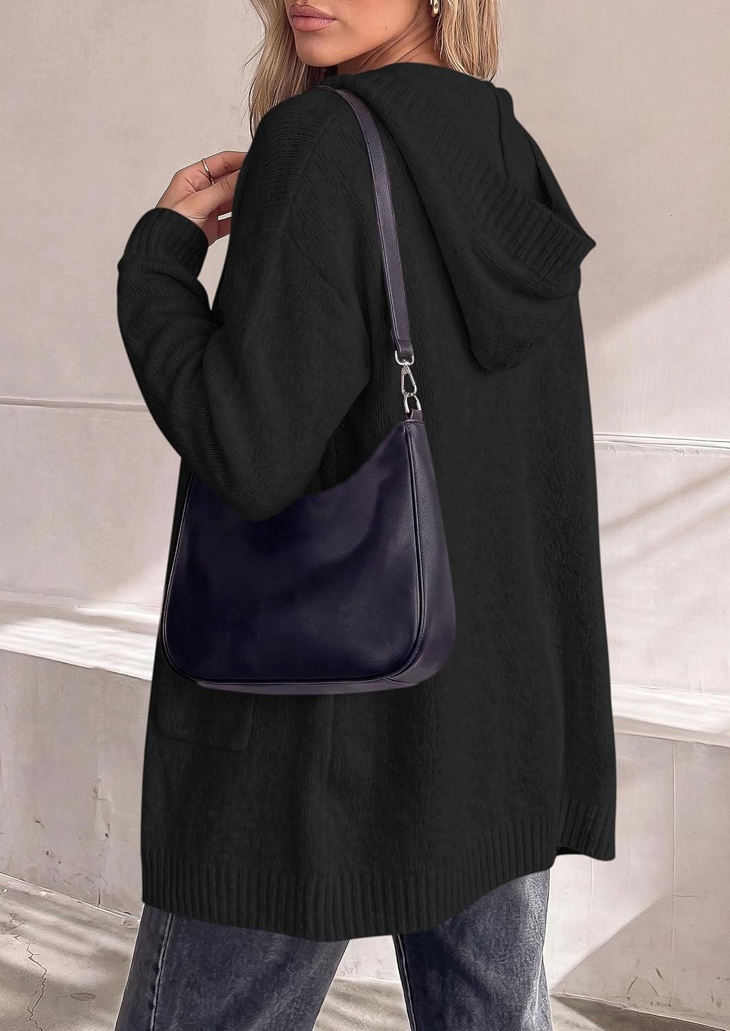 image:imagePRETTYGARDEN Womens Long Cardigans Fall Hooded Chunky Oversized SweatersBlack