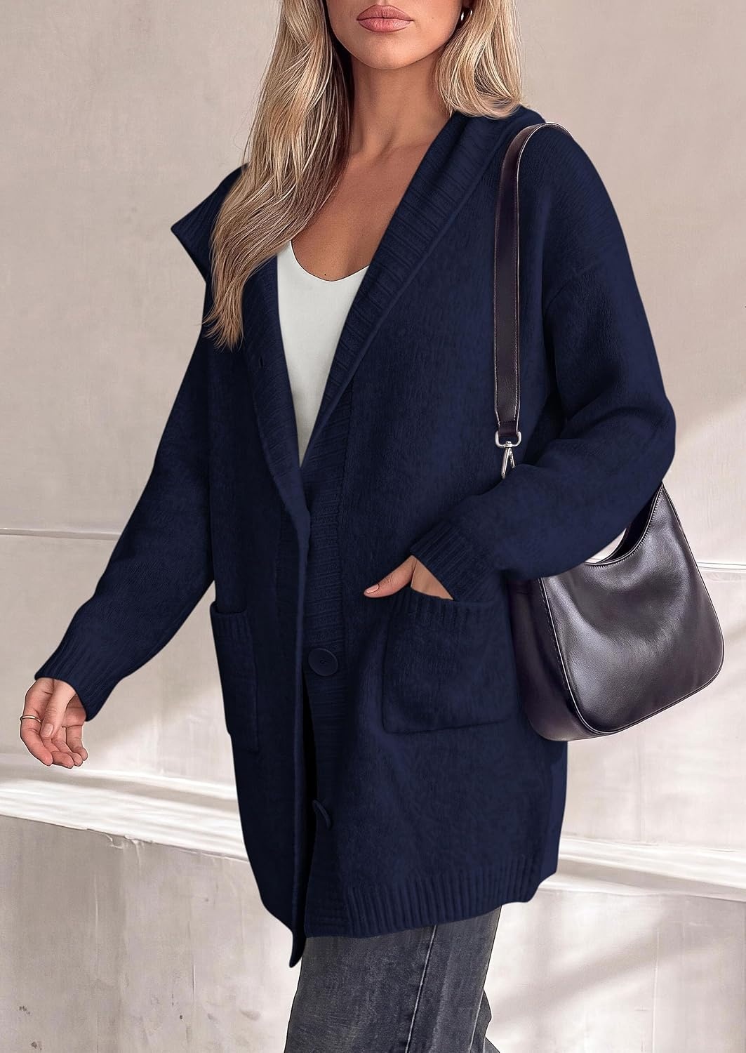 image:imagePRETTYGARDEN Womens Long Cardigans Fall Hooded Chunky Oversized SweatersNavy Blue