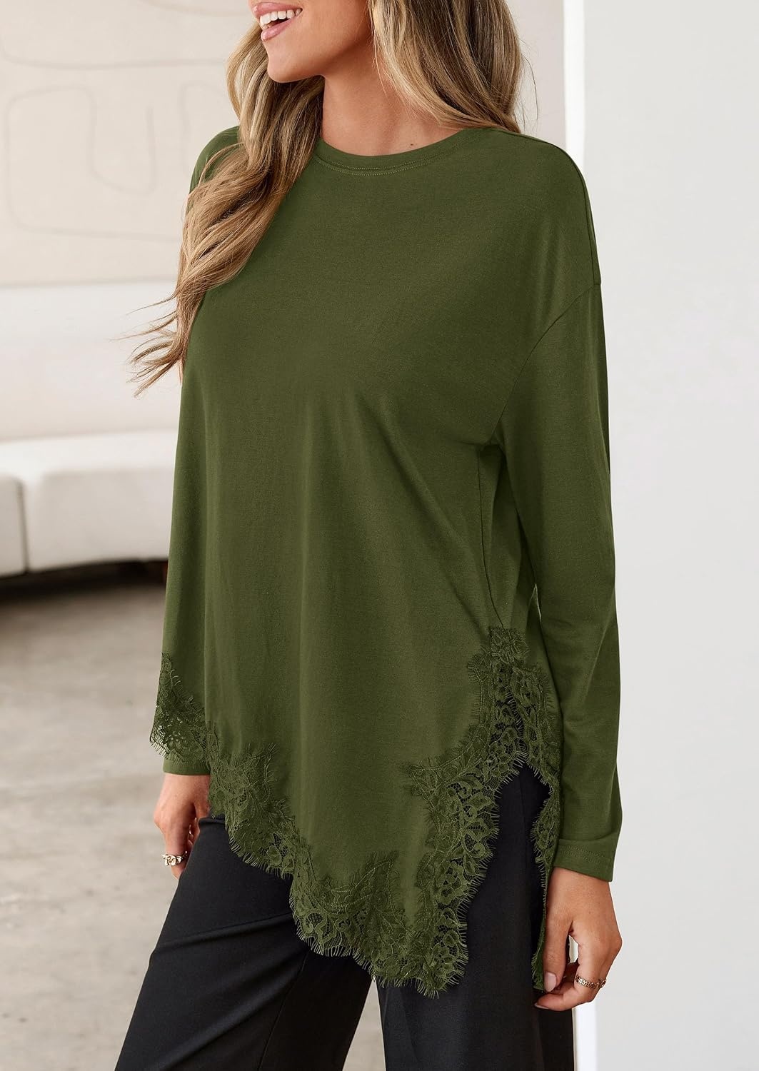 image:imagePRETTYGARDEN Womens Long Sleeve Asymmetrical Lace Tops FallArmy Green