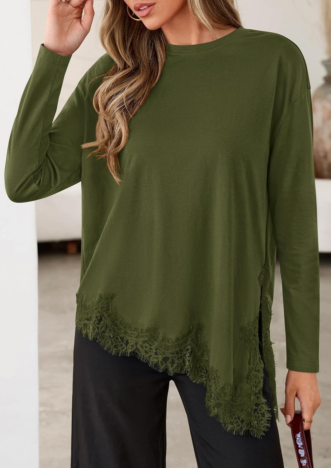 image:imagePRETTYGARDEN Womens Long Sleeve Asymmetrical Lace Tops FallArmy Green