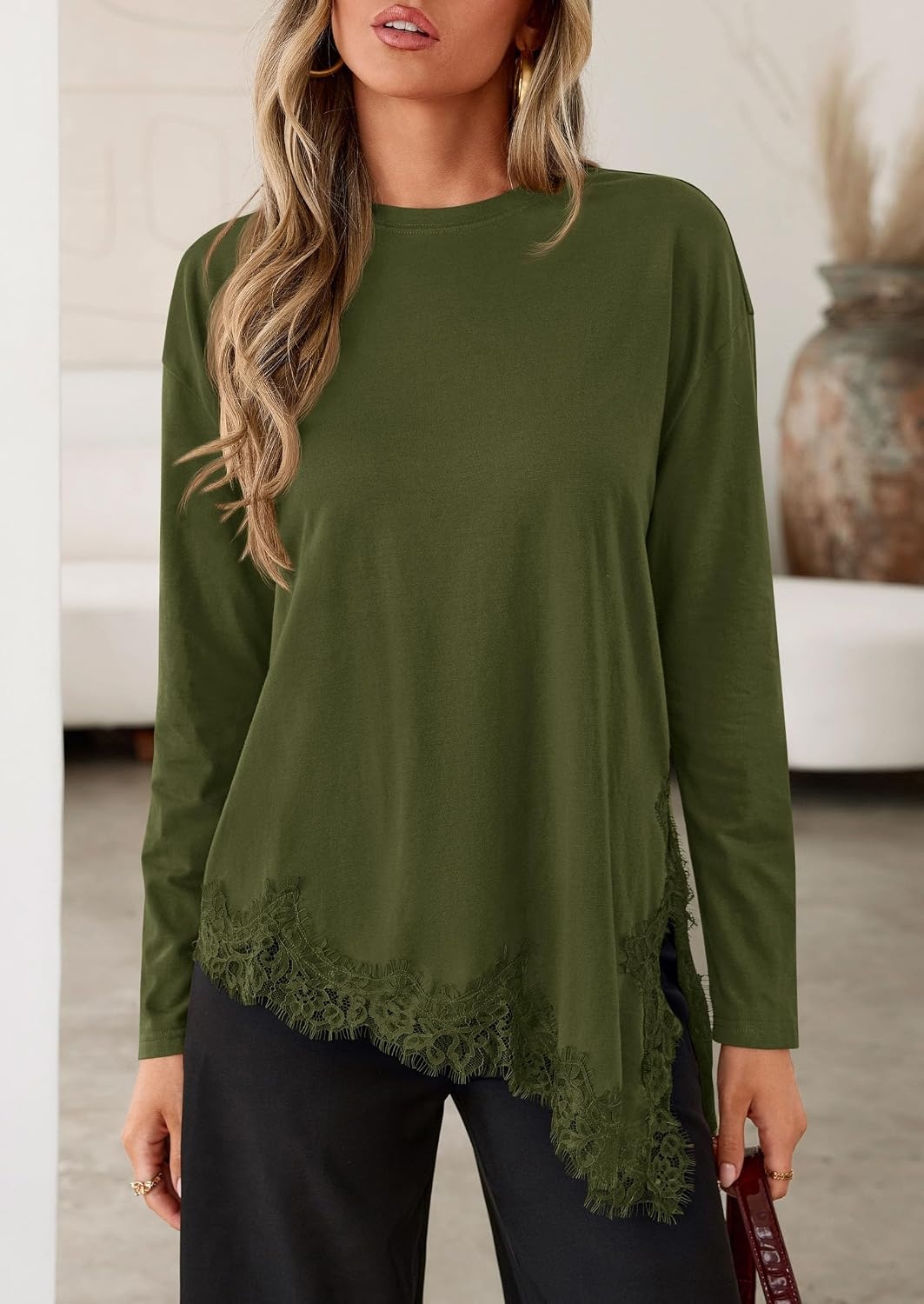 image:imagePRETTYGARDEN Womens Long Sleeve Asymmetrical Lace Tops FallArmy Green