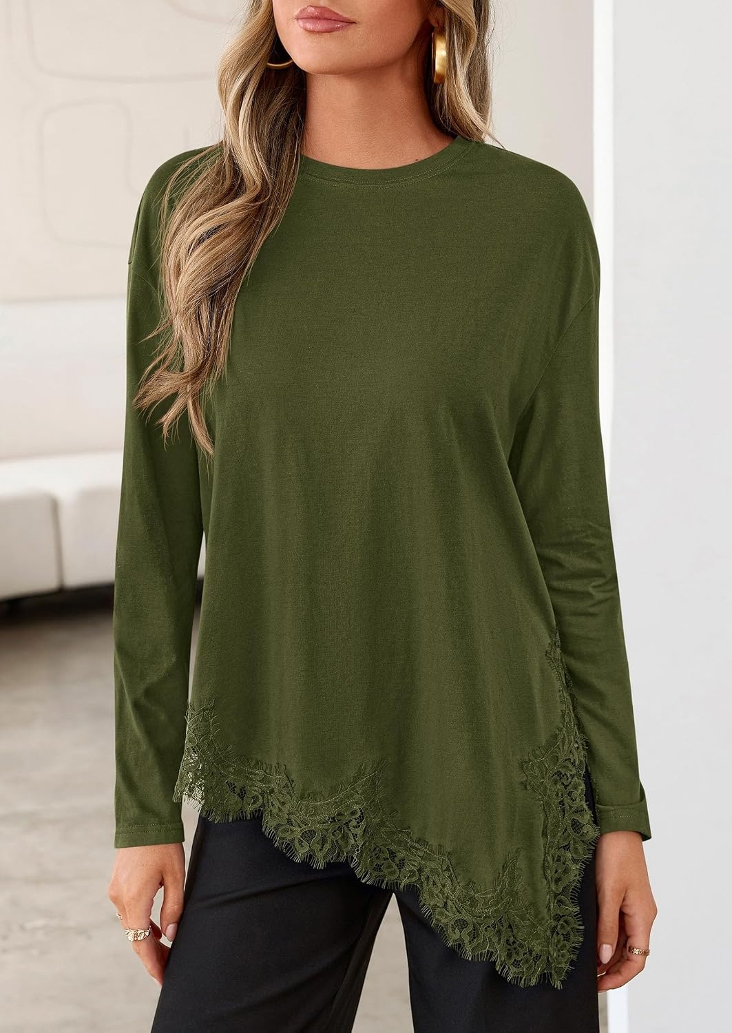 image:imagePRETTYGARDEN Womens Long Sleeve Asymmetrical Lace Tops FallArmy Green