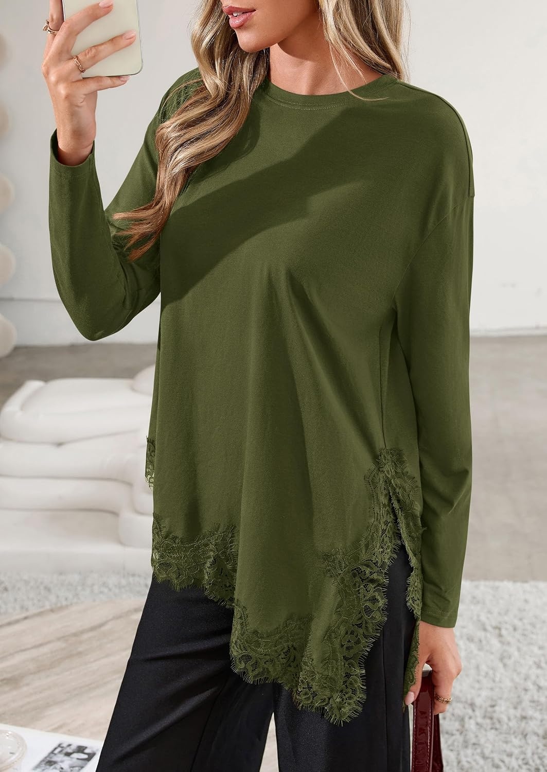 image:imagePRETTYGARDEN Womens Long Sleeve Asymmetrical Lace Tops FallArmy Green