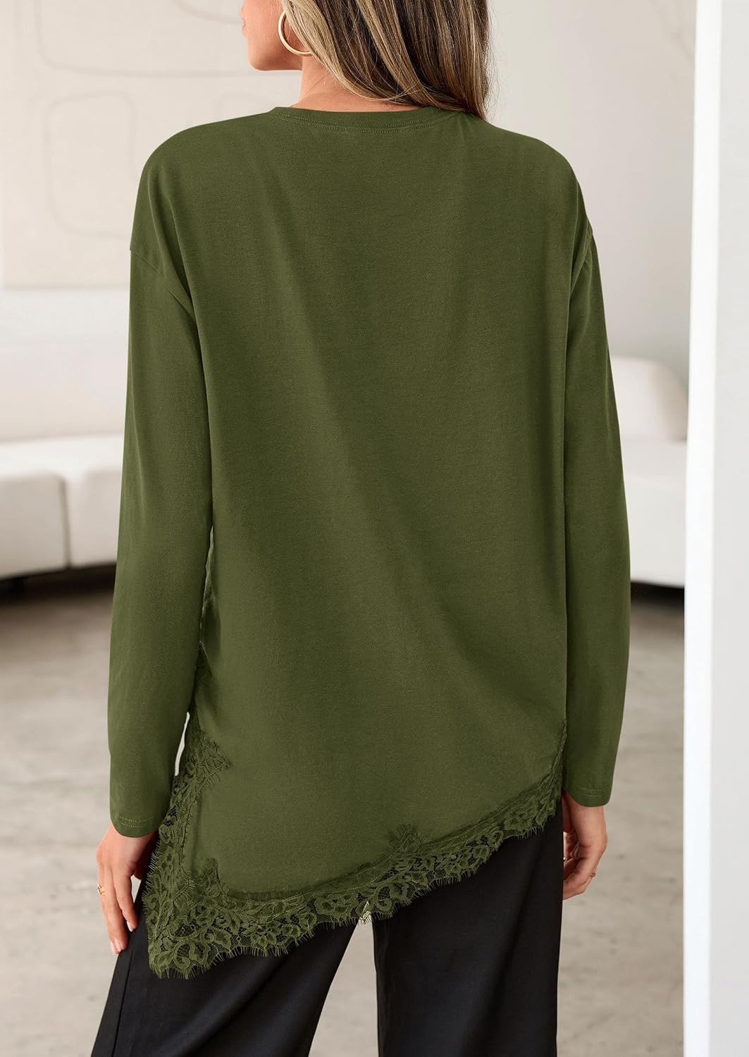 image:imagePRETTYGARDEN Womens Long Sleeve Asymmetrical Lace Tops FallArmy Green