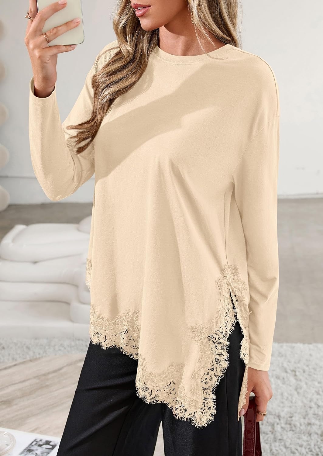 image:imagePRETTYGARDEN Womens Long Sleeve Asymmetrical Lace Tops FallBeige