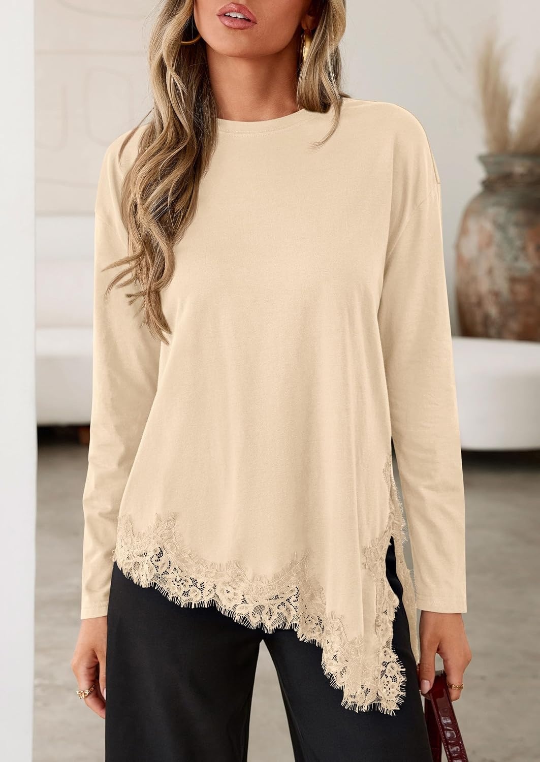 image:imagePRETTYGARDEN Womens Long Sleeve Asymmetrical Lace Tops FallBeige