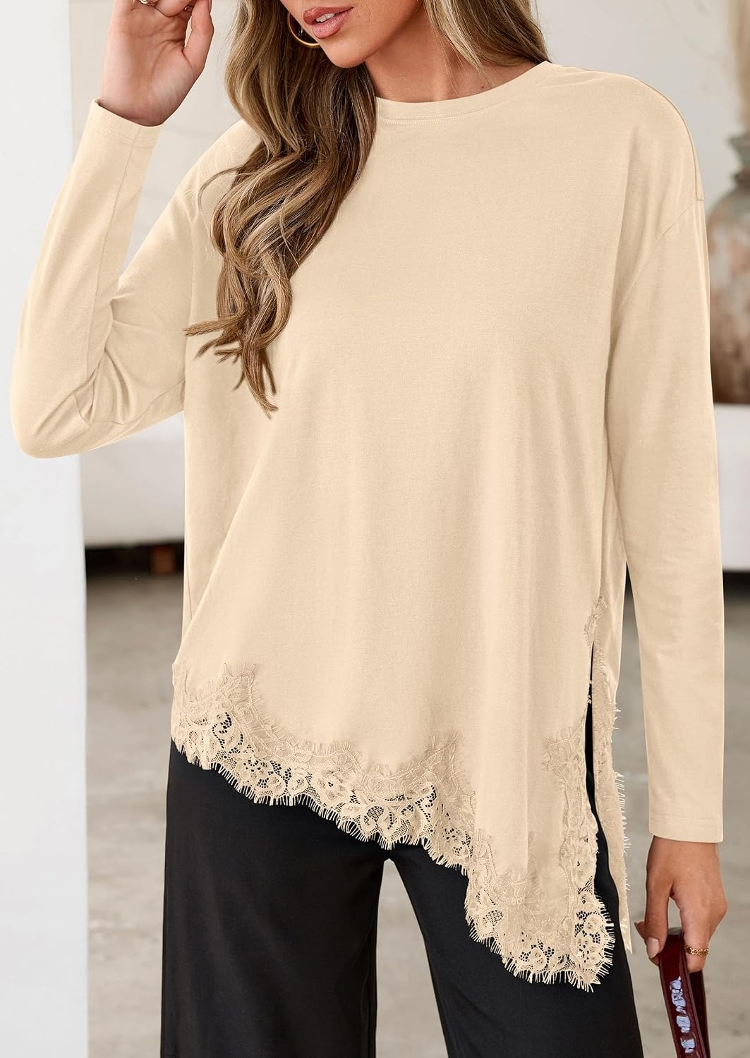 image:imagePRETTYGARDEN Womens Long Sleeve Asymmetrical Lace Tops FallBeige