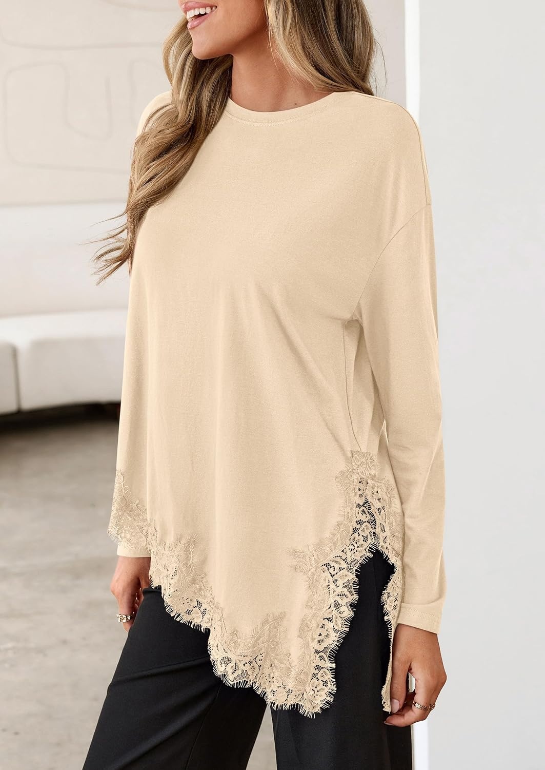 image:imagePRETTYGARDEN Womens Long Sleeve Asymmetrical Lace Tops FallBeige