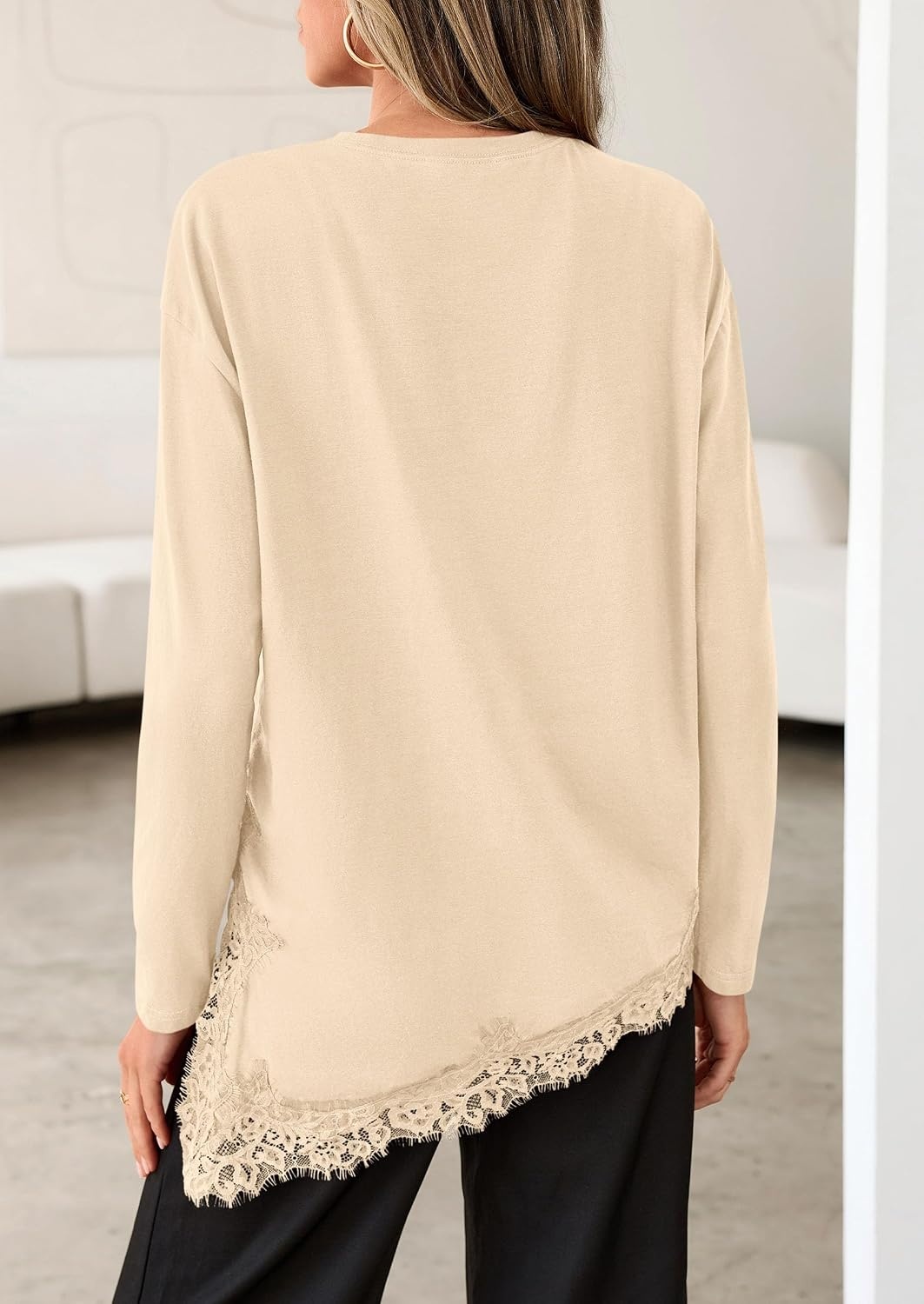 image:imagePRETTYGARDEN Womens Long Sleeve Asymmetrical Lace Tops FallBeige