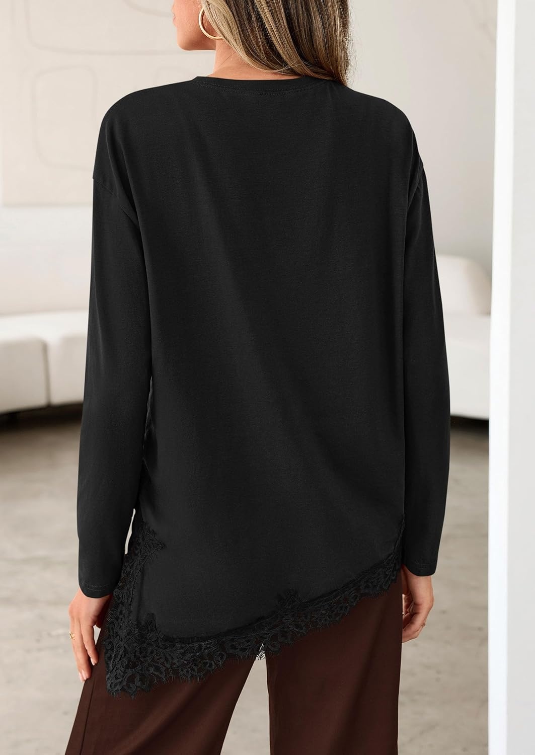 image:imagePRETTYGARDEN Womens Long Sleeve Asymmetrical Lace Tops FallBlack