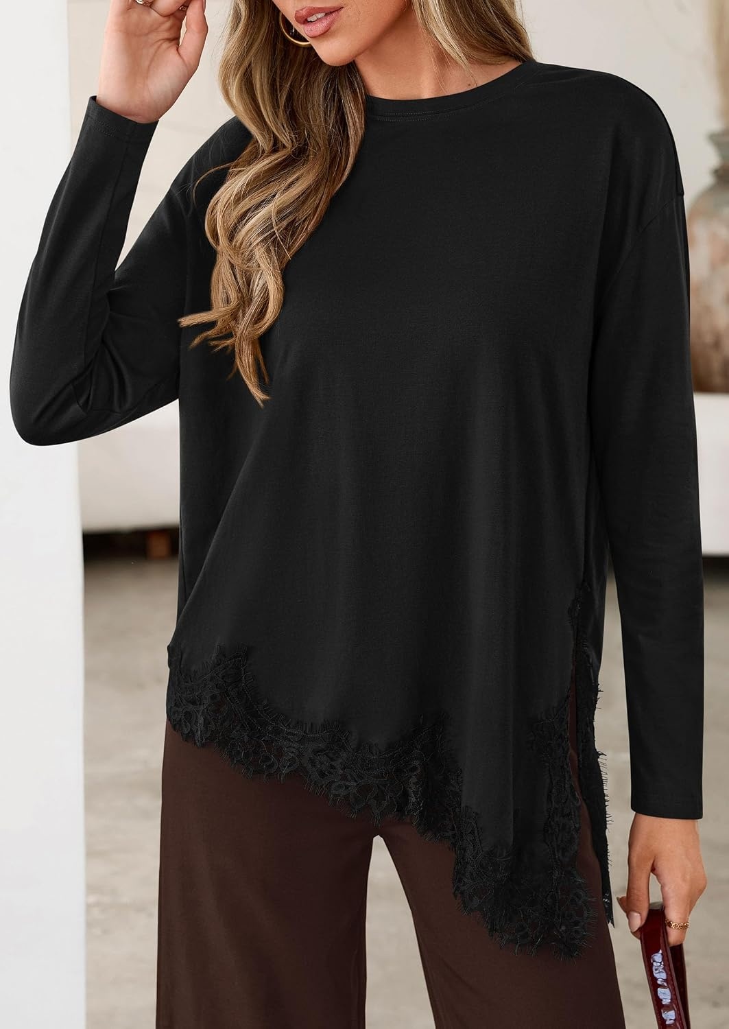 image:imagePRETTYGARDEN Womens Long Sleeve Asymmetrical Lace Tops FallBlack