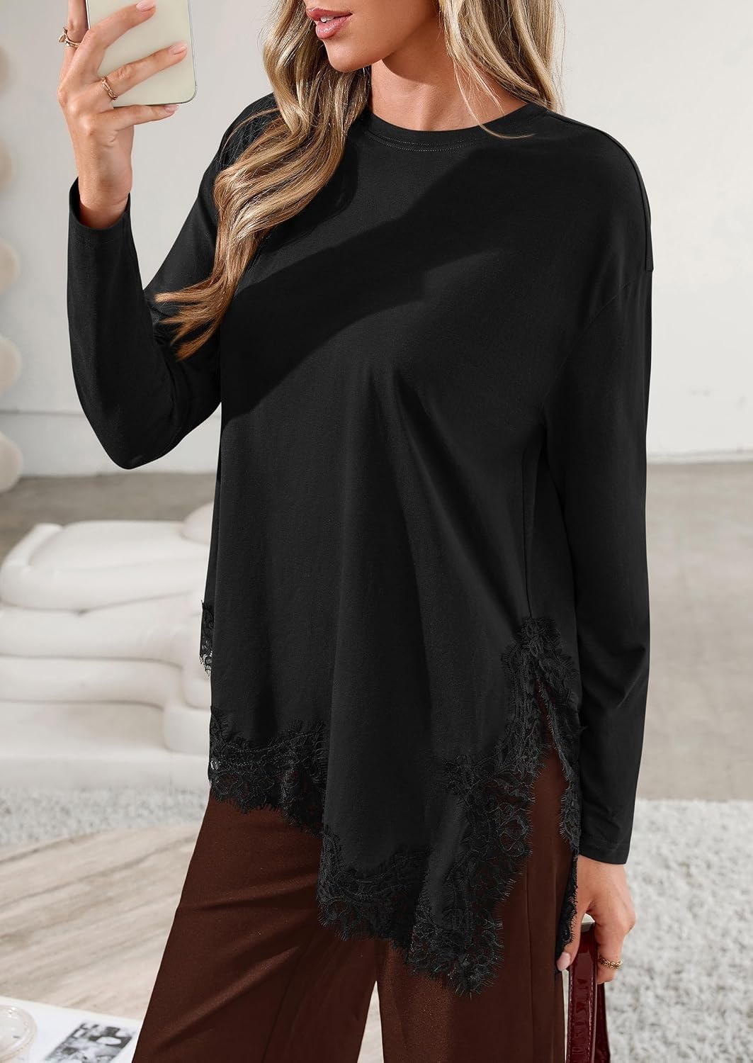 image:imagePRETTYGARDEN Womens Long Sleeve Asymmetrical Lace Tops FallBlack