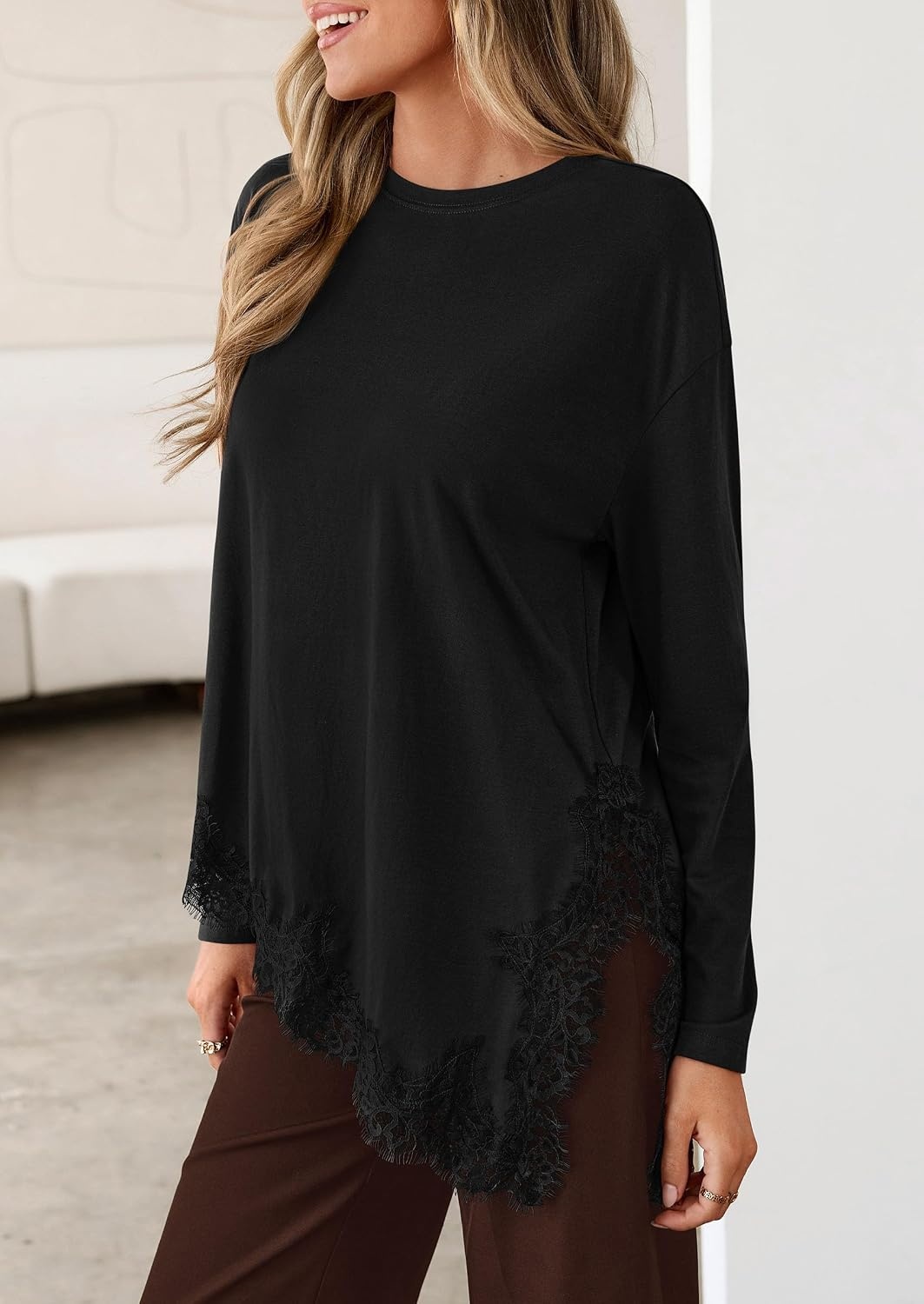 image:imagePRETTYGARDEN Womens Long Sleeve Asymmetrical Lace Tops FallBlack