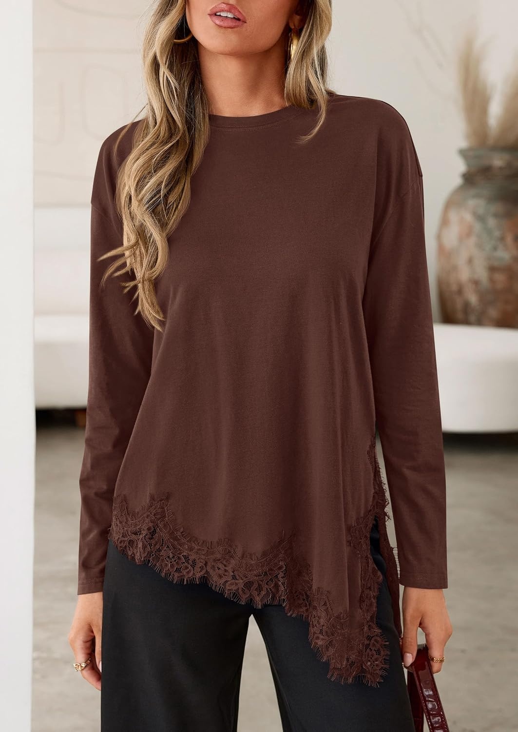 image:imagePRETTYGARDEN Womens Long Sleeve Asymmetrical Lace Tops FallBrown