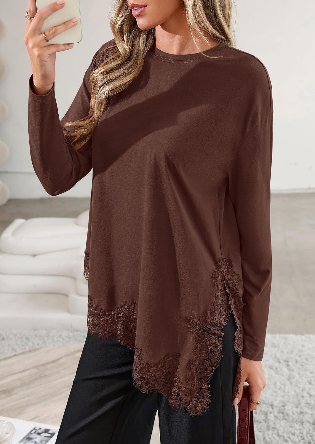image:imagePRETTYGARDEN Womens Long Sleeve Asymmetrical Lace Tops FallBrown