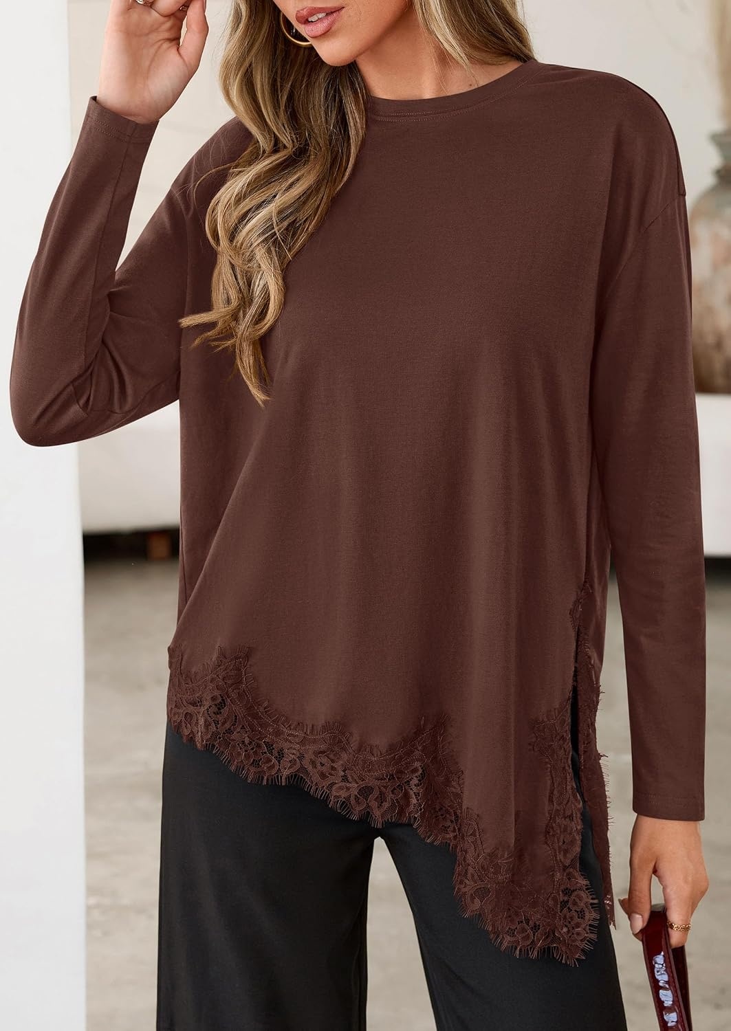image:imagePRETTYGARDEN Womens Long Sleeve Asymmetrical Lace Tops FallBrown
