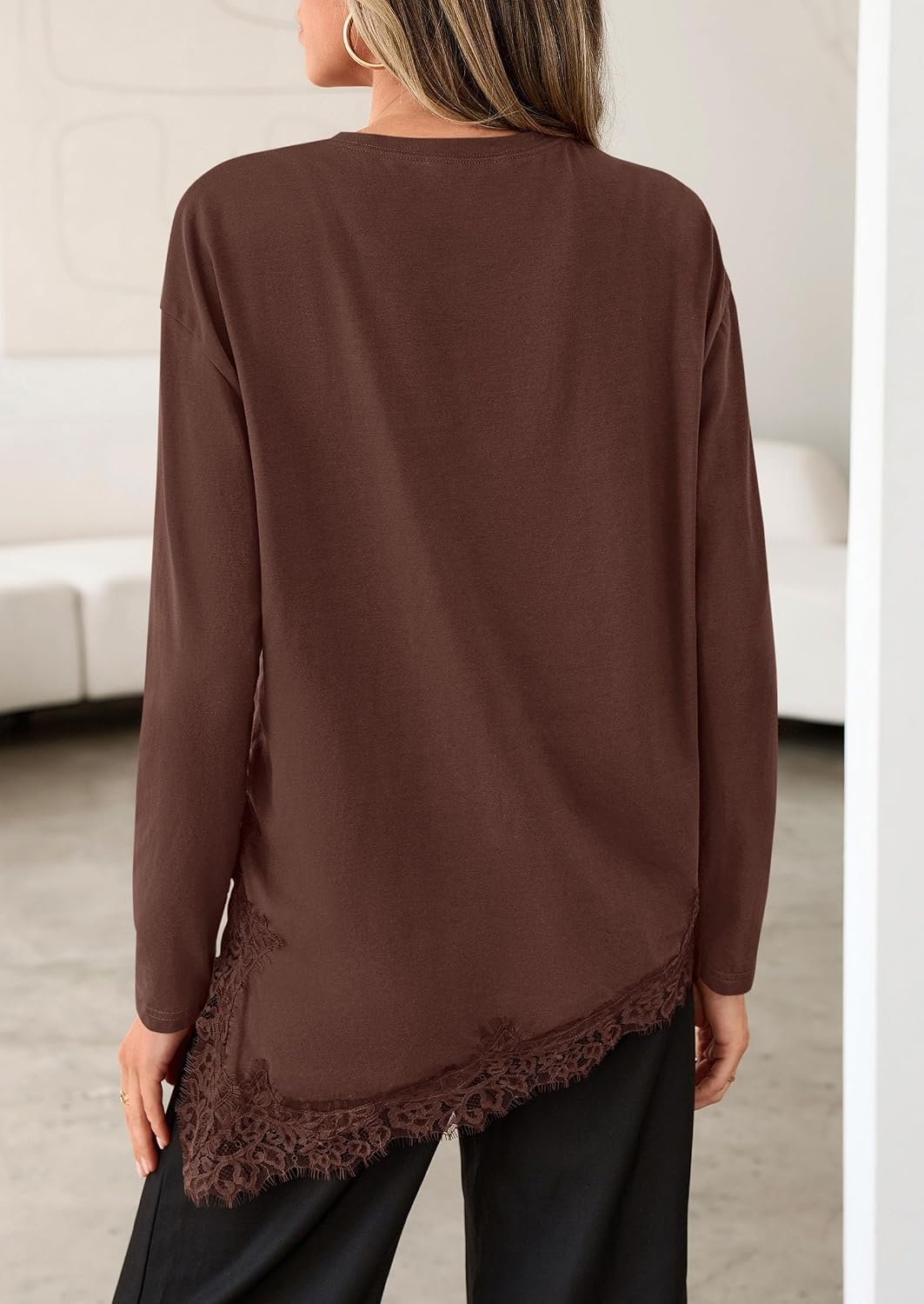 image:imagePRETTYGARDEN Womens Long Sleeve Asymmetrical Lace Tops FallBrown