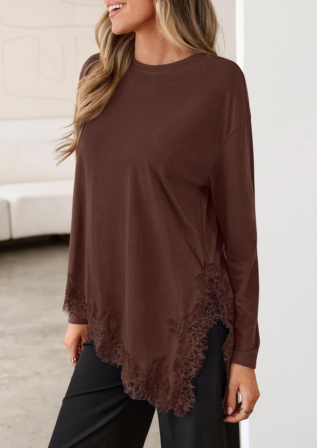 image:imagePRETTYGARDEN Womens Long Sleeve Asymmetrical Lace Tops FallBrown