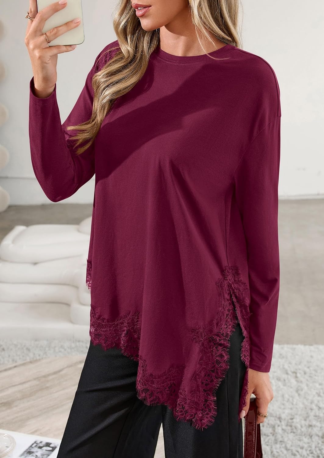 image:imagePRETTYGARDEN Womens Long Sleeve Asymmetrical Lace Tops FallBurgundy