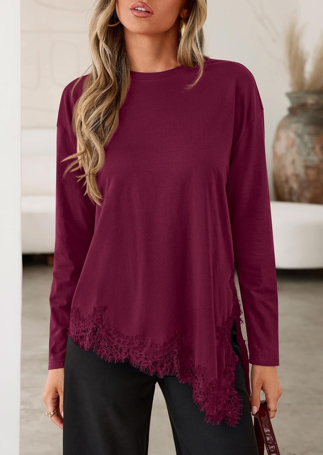 image:imagePRETTYGARDEN Womens Long Sleeve Asymmetrical Lace Tops FallBurgundy