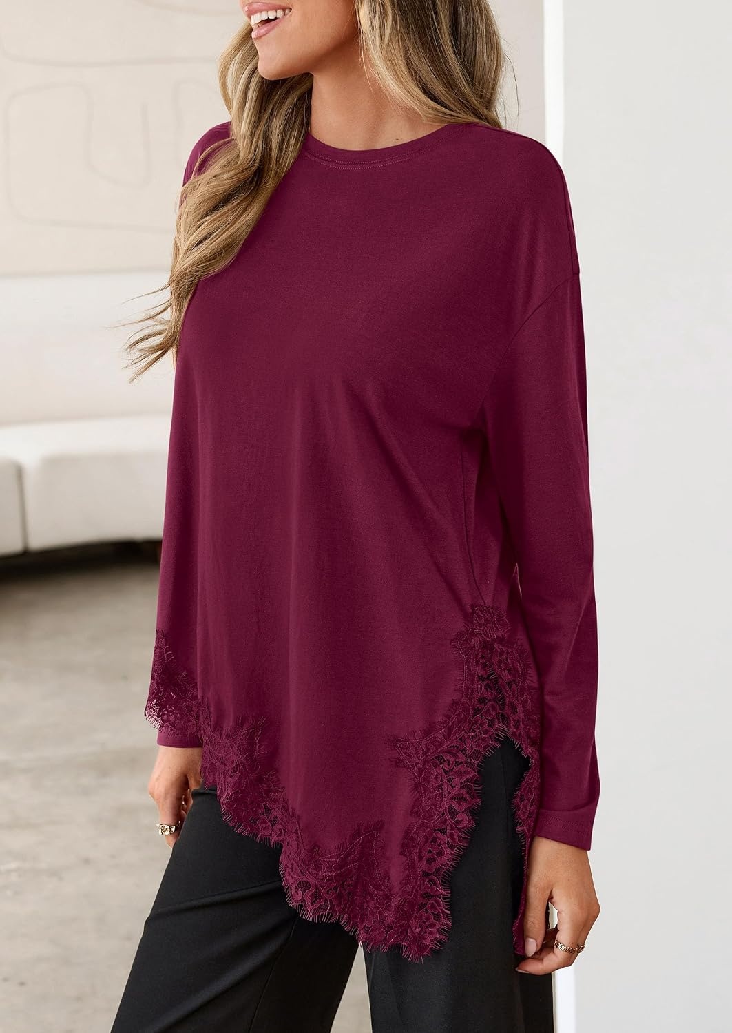 image:imagePRETTYGARDEN Womens Long Sleeve Asymmetrical Lace Tops FallBurgundy