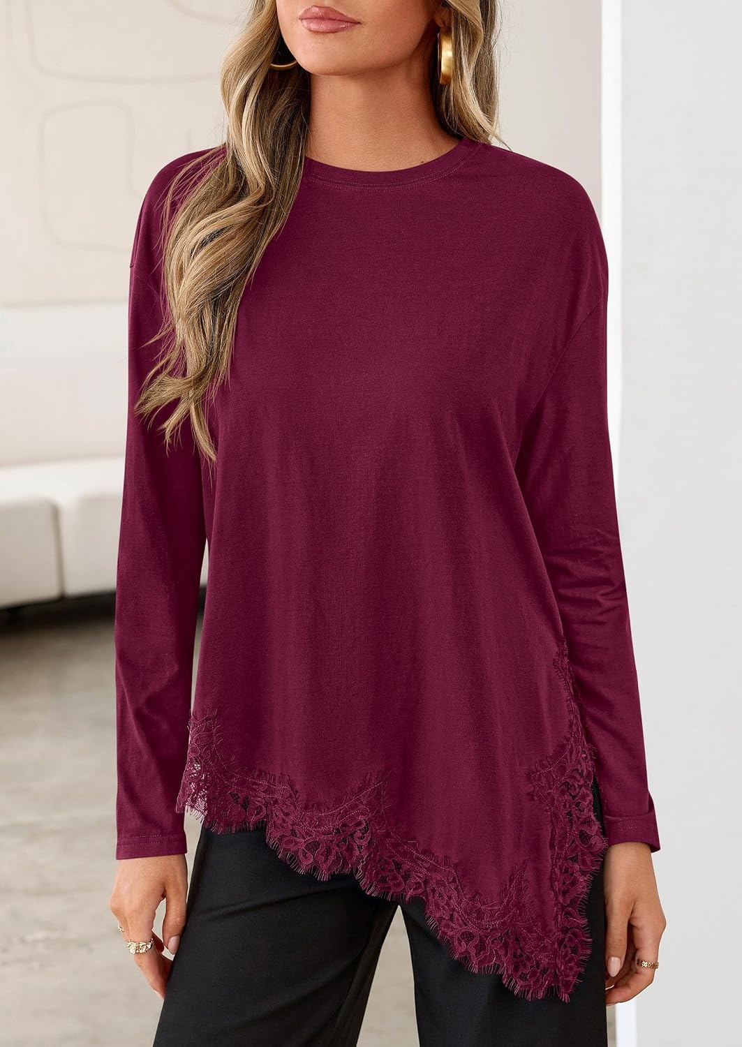 image:imagePRETTYGARDEN Womens Long Sleeve Asymmetrical Lace Tops FallBurgundy