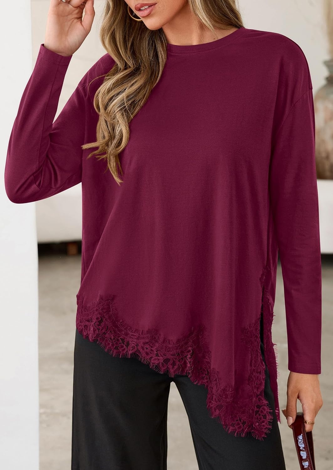 image:imagePRETTYGARDEN Womens Long Sleeve Asymmetrical Lace Tops FallBurgundy